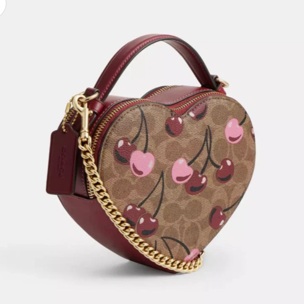 Coach Heart-Shaped Mini Bag with Cherry Print - Brown and Red - Picture 2 of 6